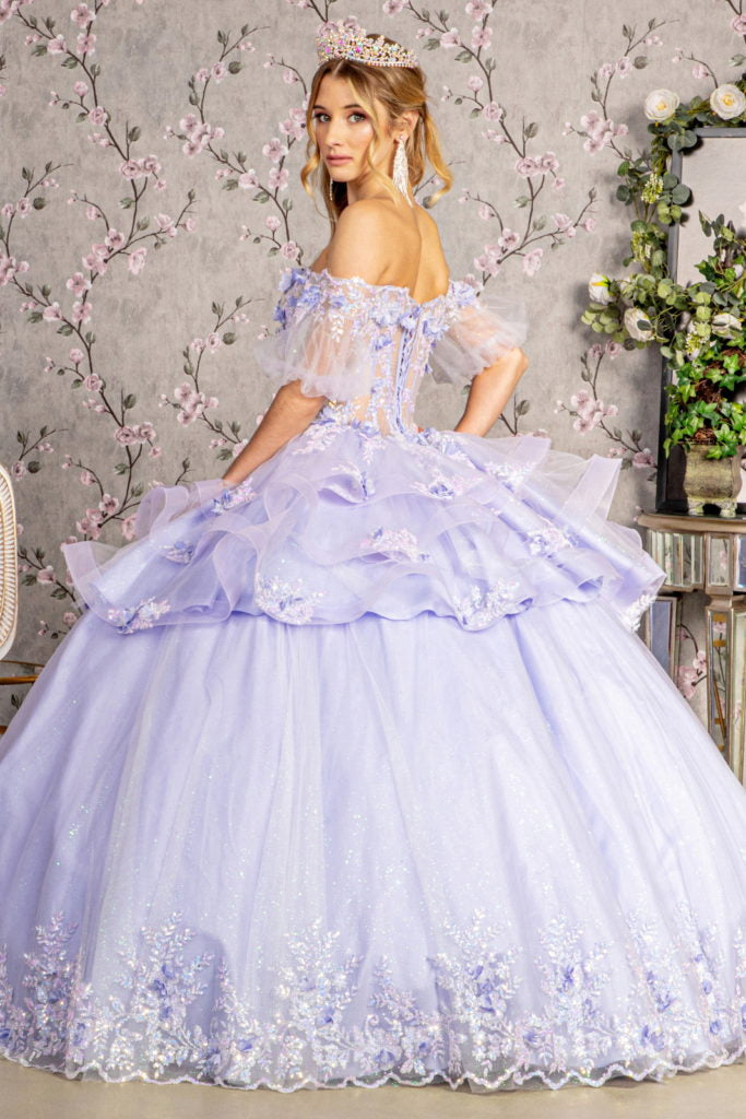 3-D Flower Applique Sheer Bodice Quinceanera Gown w/ Ruffle Skirt