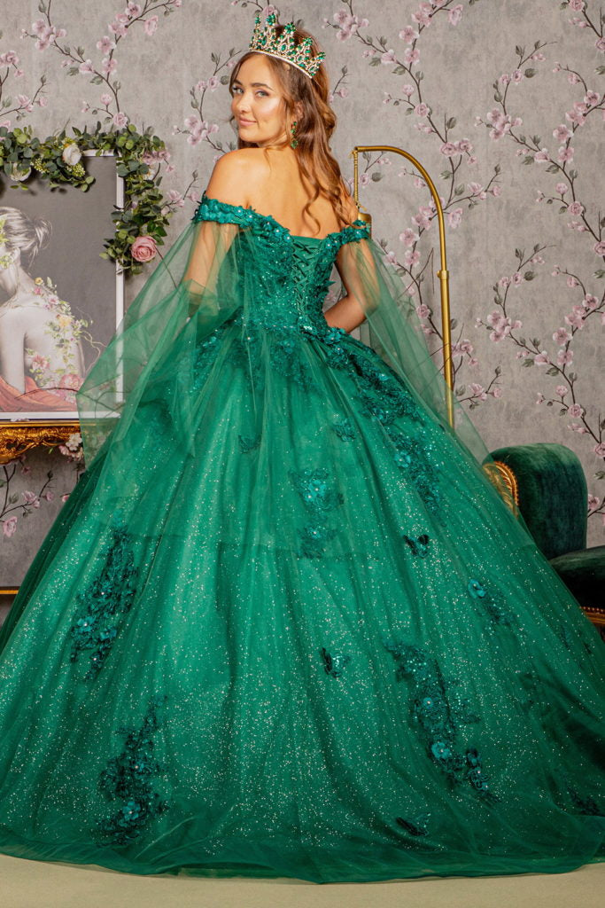 Jewel Glitter Mesh Quincenera Gown w/ Detachable Side Mesh Drapes