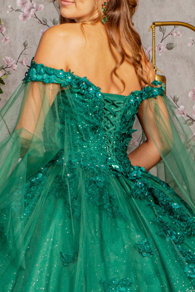 Jewel Glitter Mesh Quincenera Gown w/ Detachable Side Mesh Drapes