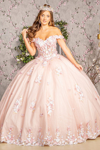 3-D Flower Applique Jewel Mesh Quinceanera Gown w/ Long Tail