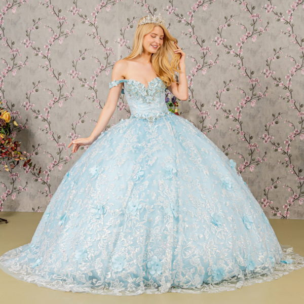 3-D Butterfly Applique Jewel Sequin Quinceanera Ball Gown