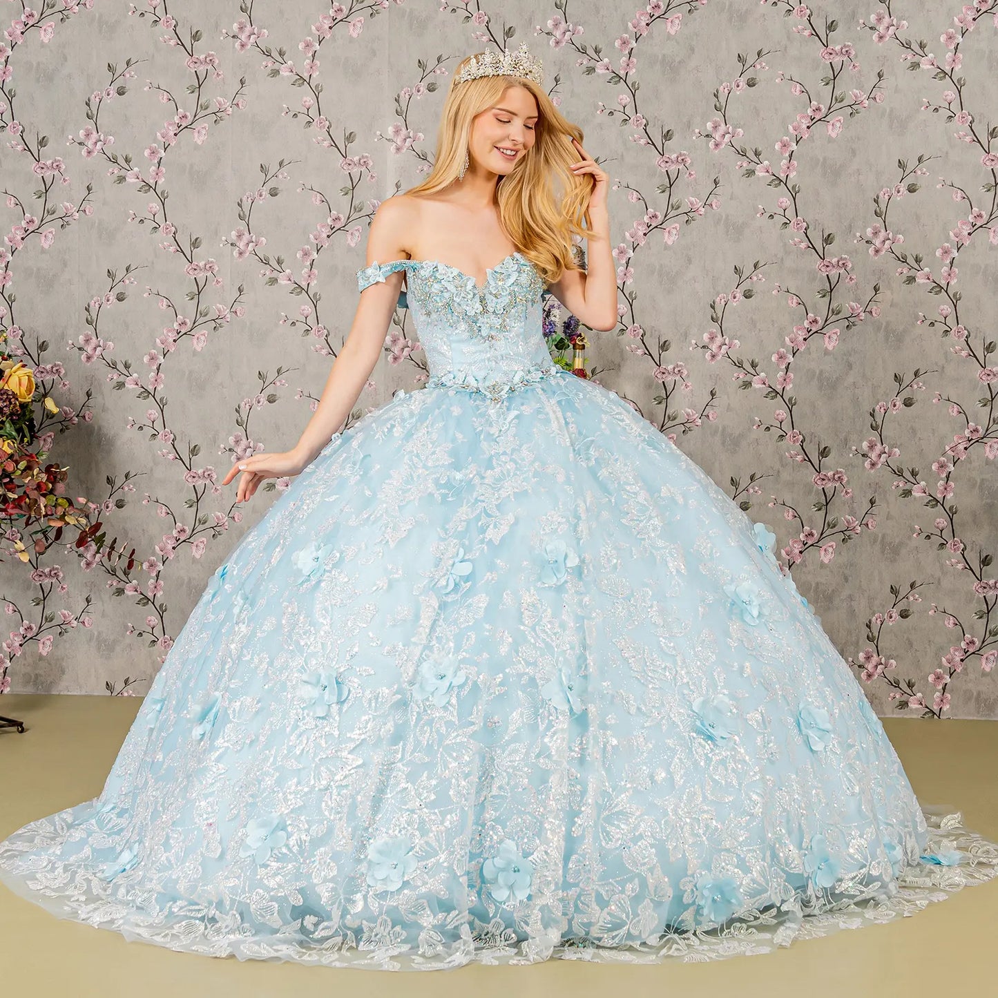 3-D Butterfly Applique Jewel Sequin Quinceanera Ball Gown