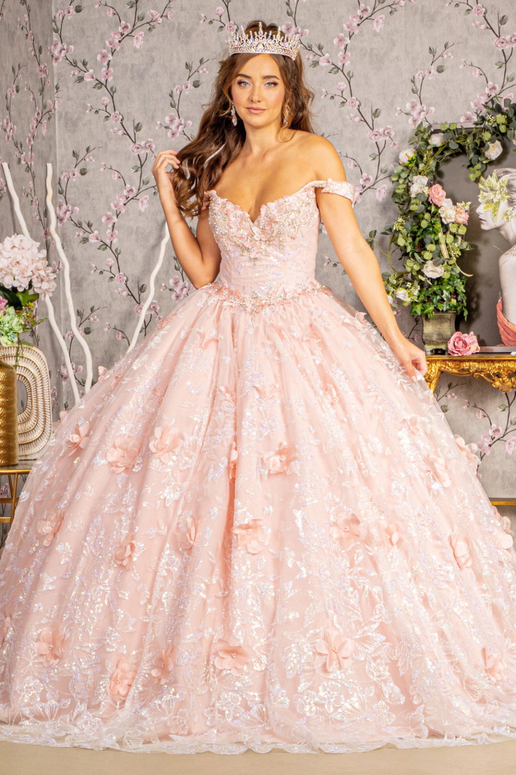 3-D Butterfly Applique Jewel Sequin Quinceanera Ball Gown