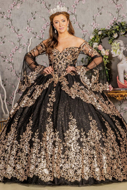 Gold Sequin Off Shoulder Mesh Ball Gown w/ Detachable Long Sleeves M / Black/Gold Gold Sequin Off Shoulder Mesh Ball Gown w/ Detachable Long Sleeves M / Black/Gold
