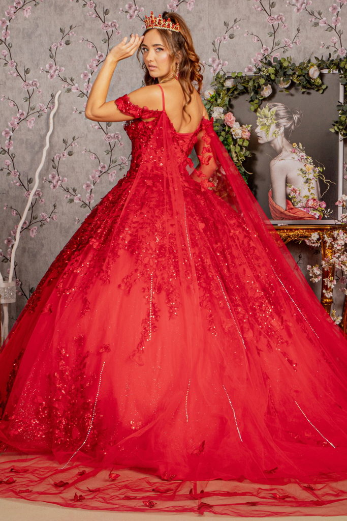 ثوب Quinceanera مزين بفراشات ثلاثية الأبعاد مع ثنى خلفي شبكي قابل للفصل