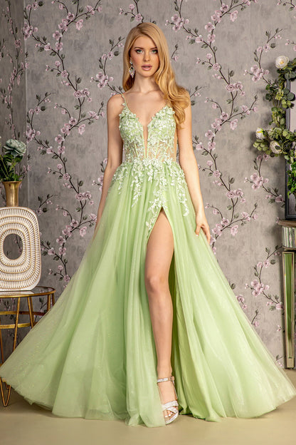 3-D Flower Glitter Sheer Bodice Mesh A-line Long Dress w/ Side Slit Tux-USA 3-D Flower Glitter Sheer Bodice Mesh A-line Long Dress w/ Side Slit Tux-USA