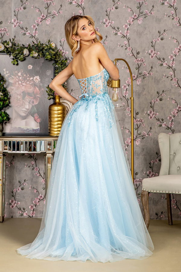 Sequin Strapless Sheer Bodice Mesh A-line Long Dress