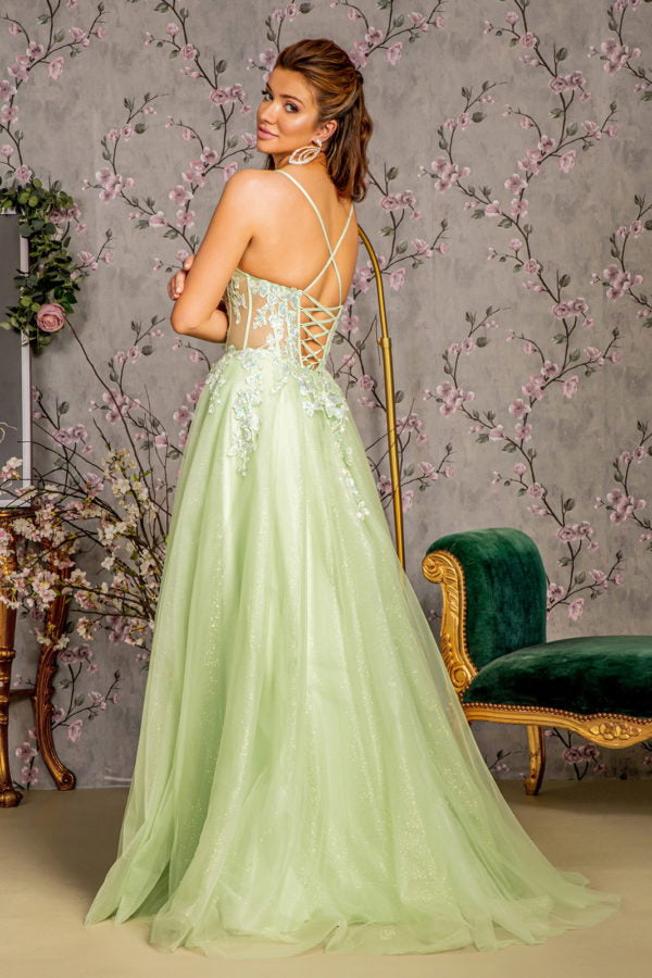 3-D Butterfly Sheer Corset Bodice Mesh A-line Long Dress Tux-USA 3-D Butterfly Sheer Corset Bodice Mesh A-line Long Dress Tux-USA