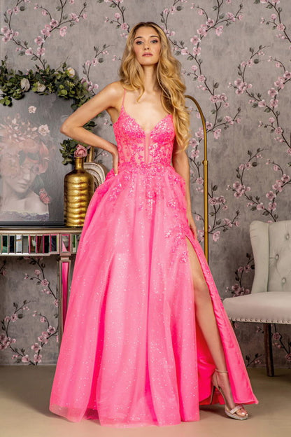 Glitter Illusion Sweetheart Sheer Bodice Mesh A-line Long Dress