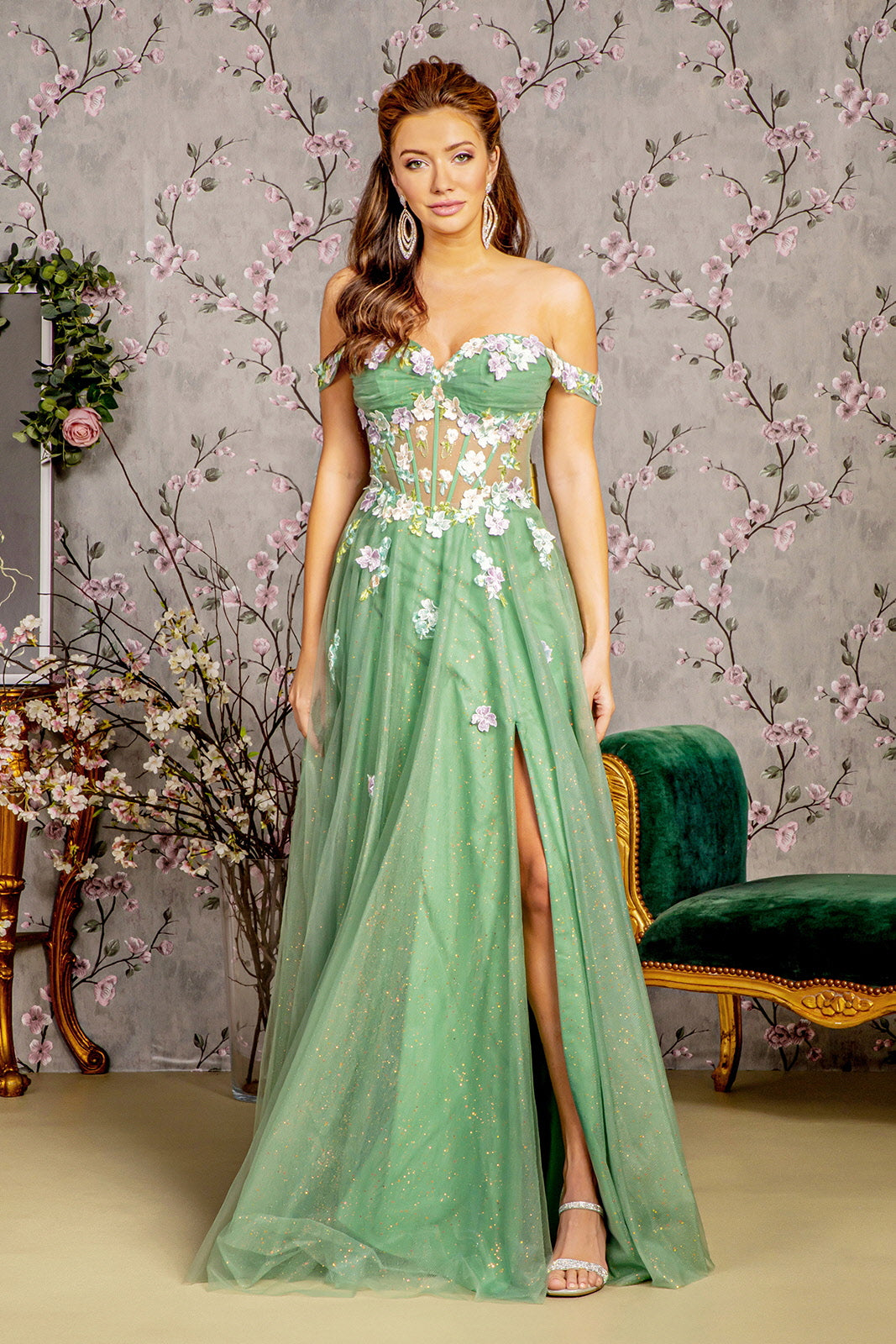 Glitter Jewel Sheer Bodice Off Shoulder Mesh A-line Long Dress