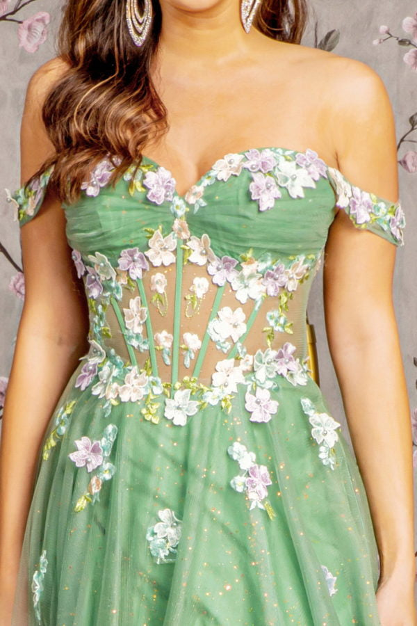 Glitter Jewel Sheer Bodice Off Shoulder Mesh A-line Long Dress