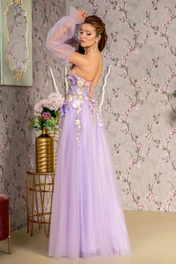 3-D Flower Glitter Mesh A-line Long Dress w/ Long Sleeves