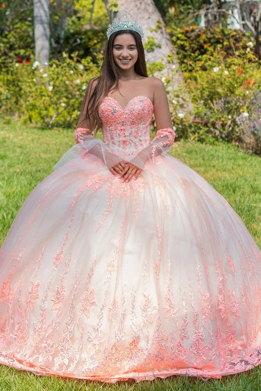 Jewel Sequin Sweetheart Mesh Ball Gown w/ Long Sheer Sleeves