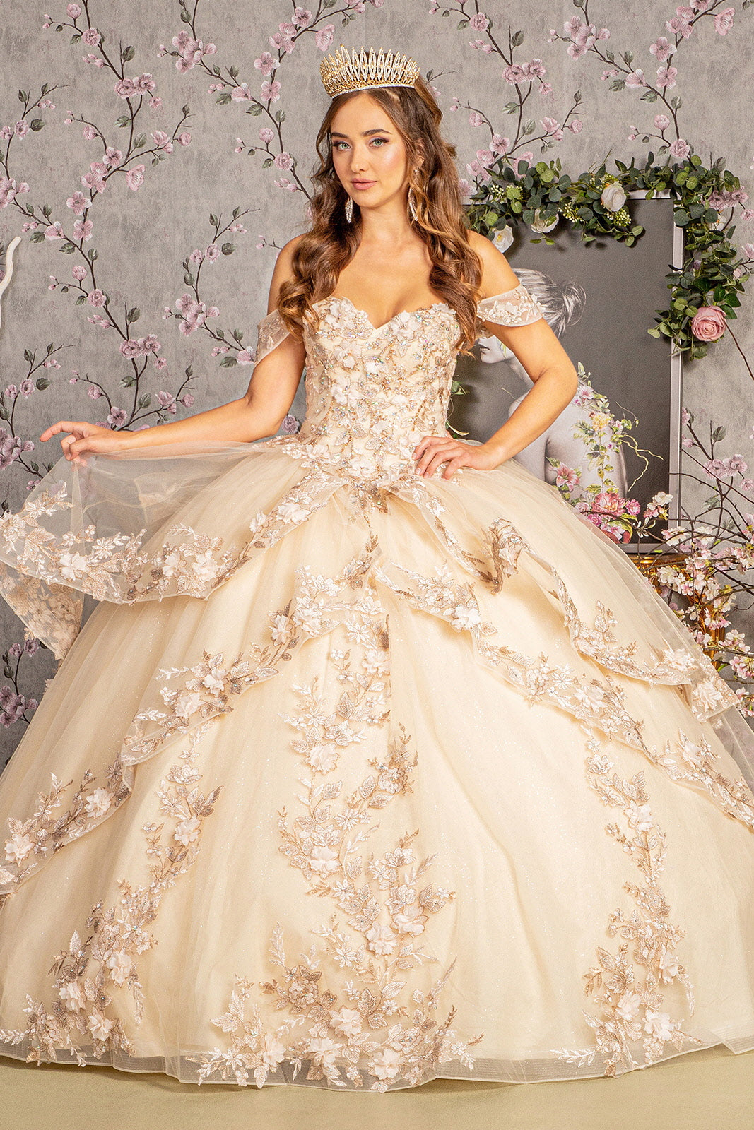 Jewel Sequin Sweetheart Off Shoulder Mesh Ball Gown