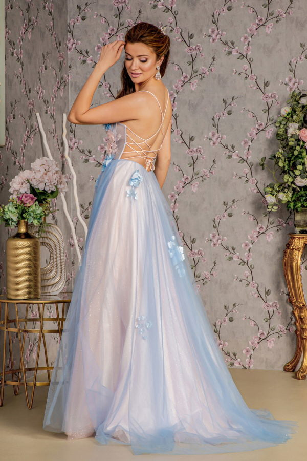 3-D Flower Sheer Bodice Cut-out Back Mesh A-line Long Dress