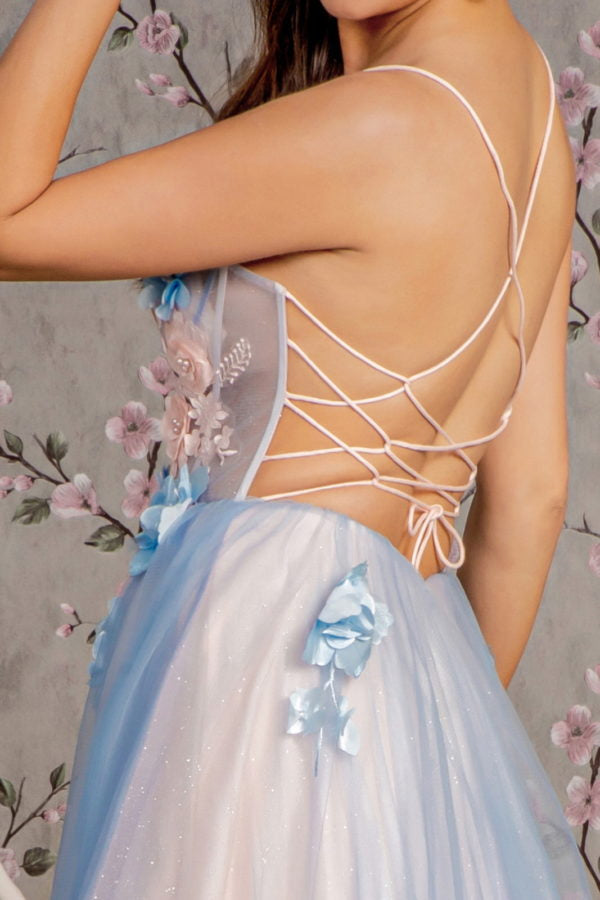 3-D Flower Sheer Bodice Cut-out Back Mesh A-line Long Dress