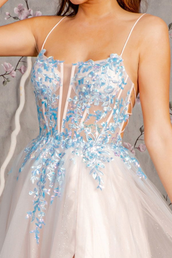 Glitter Sequin Sheer Corset Bodice Mesh A-line Long Dress XS / Blue/Peach Glitter Sequin Sheer Corset Bodice Mesh A-line Long Dress XS / Blue/Peach