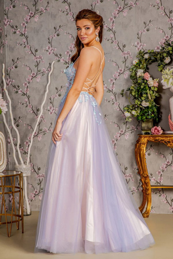 3-D Butterfly Sheer Bodice Cut-out Back Mesh A-line Long Dress