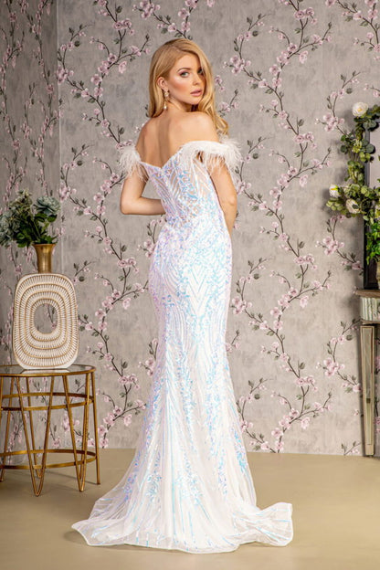 Feather Sequin Illusion Sweetheart Mesh Mermaid Long Dress