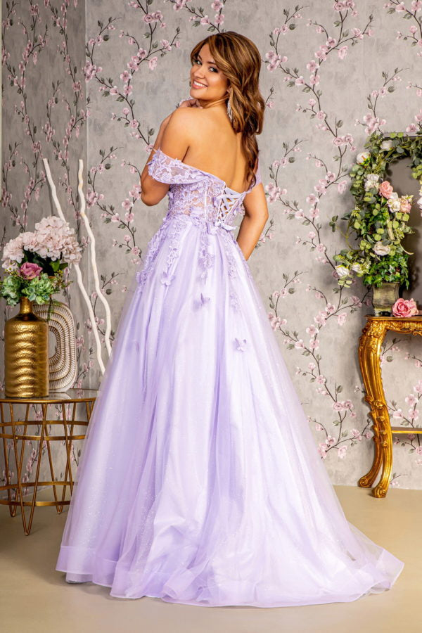 3-D Butterfly Bead Sheer Bodice Mesh A-line Long Dress