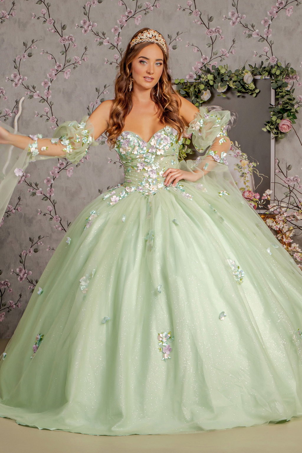 3-D Flower Ruched Bodice Mesh Ball Gown w/ Long Puff Sleeves