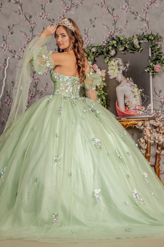 3-D Flower Ruched Bodice Mesh Ball Gown w/ Long Puff Sleeves