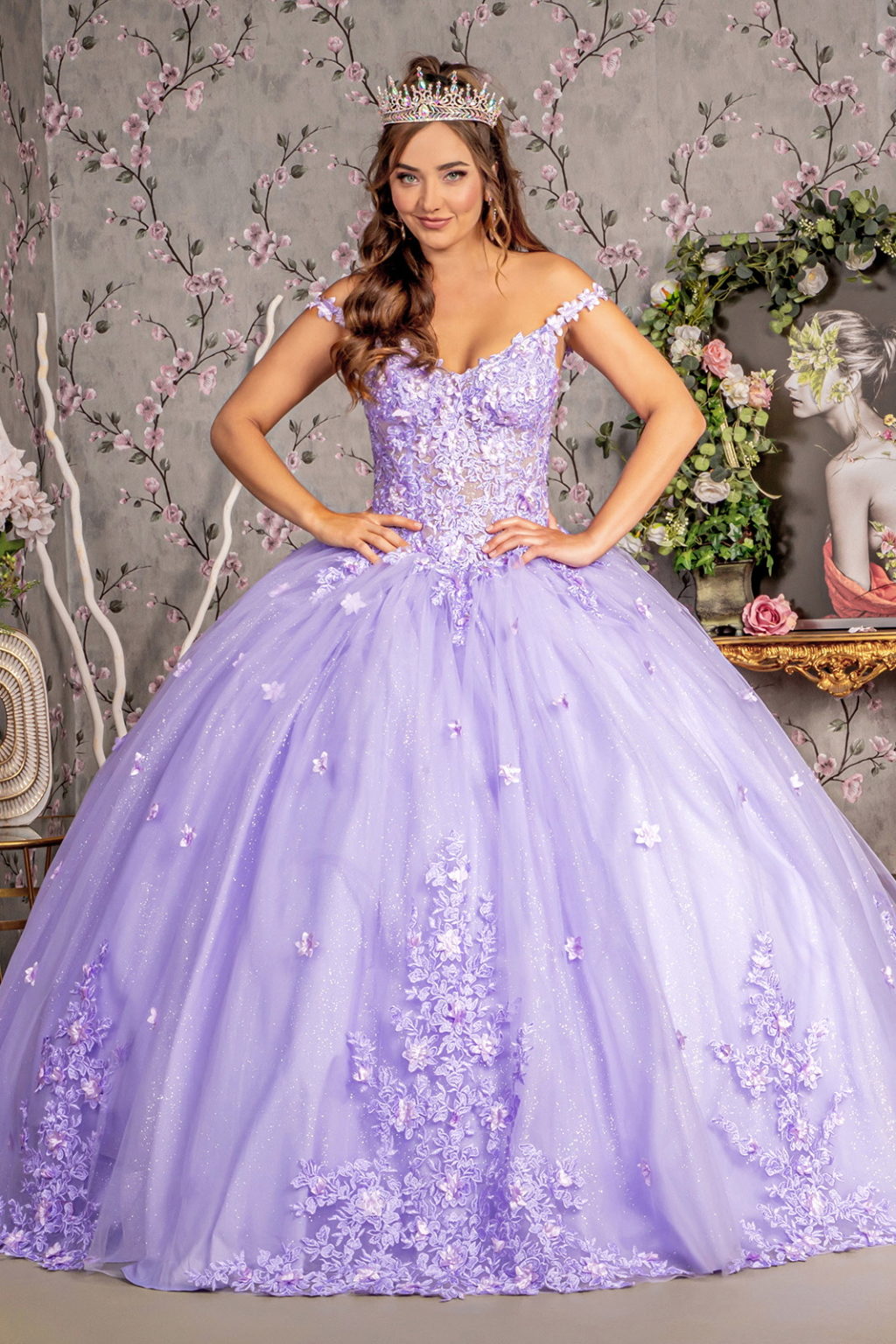 3-D Flower Jewel Glitter Sheer Bodice Mesh Ball Gown