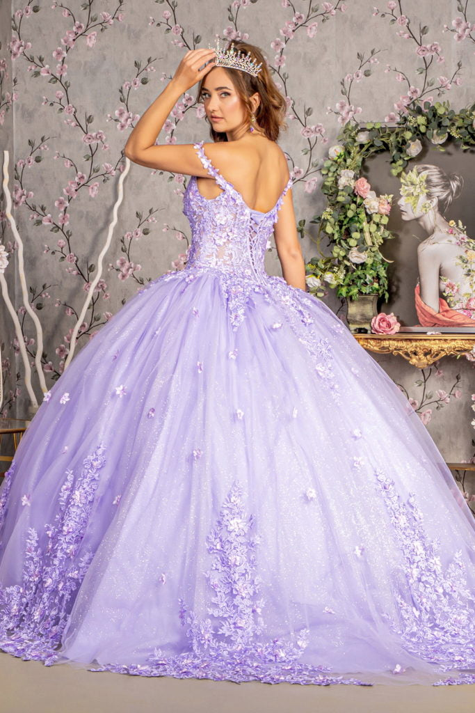 3-D Flower Jewel Glitter Sheer Bodice Mesh Ball Gown