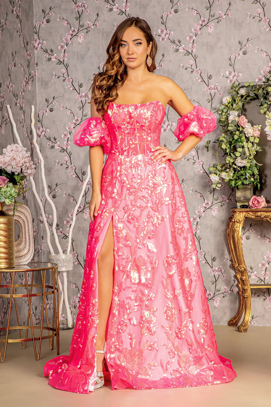 Sequin Sheer Bodice Mesh A-line Long Dress w/ Puff Sleeves