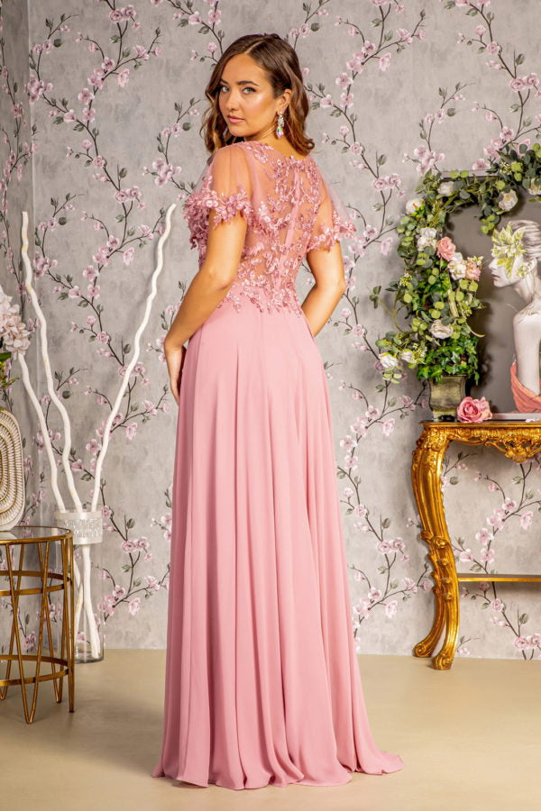 3-D Flower Embroidery Chiffon A-line Long Dress w/ Sheer Short Sleeves