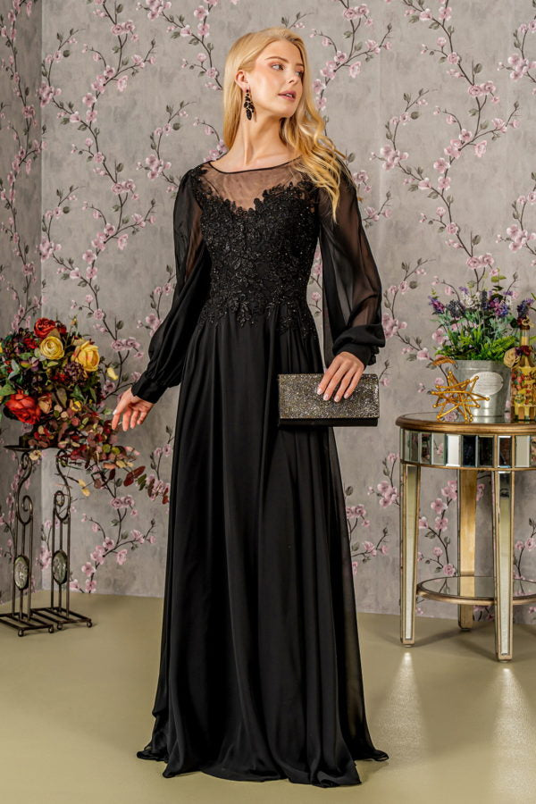 Floral Embroidery Sheer Boat Neckline Chiffon A-line Long Dress L / Black Floral Embroidery Sheer Boat Neckline Chiffon A-line Long Dress L / Black
