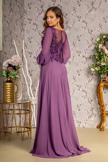 Floral Embroidery Sheer Boat Neckline Chiffon A-line Long Dress