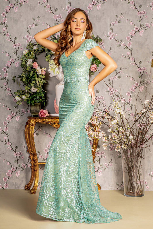 3-D Flower Glitter Sheer Neckline Mesh Mermaid Long Dress