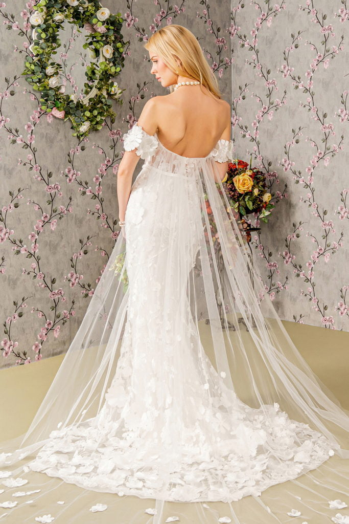 Floral Embroidery Mesh Mermaid Wedding Gown w/ Long Back Drape 3XL / Ivory Floral Embroidery Mesh Mermaid Wedding Gown w/ Long Back Drape 3XL / Ivory
