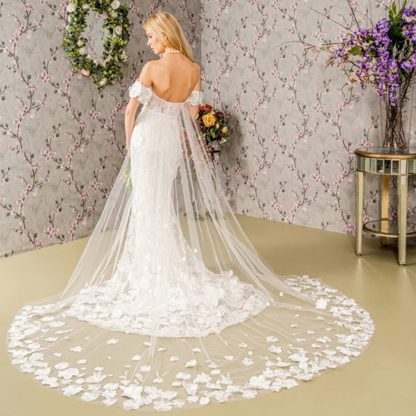 Floral Embroidery Mesh Mermaid Wedding Gown w/ Long Back Drape