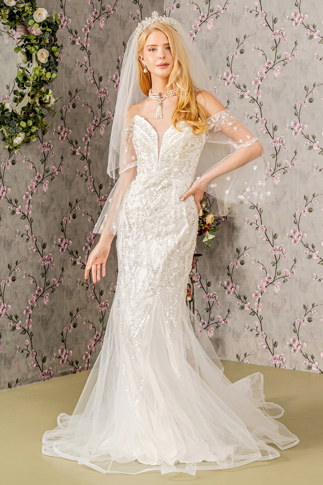 Bead Sequin Mesh Mermaid Wedding Gown w/ Long Sleeves