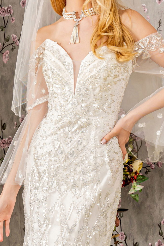 Bead Sequin Mesh Mermaid Wedding Gown w/ Long Sleeves