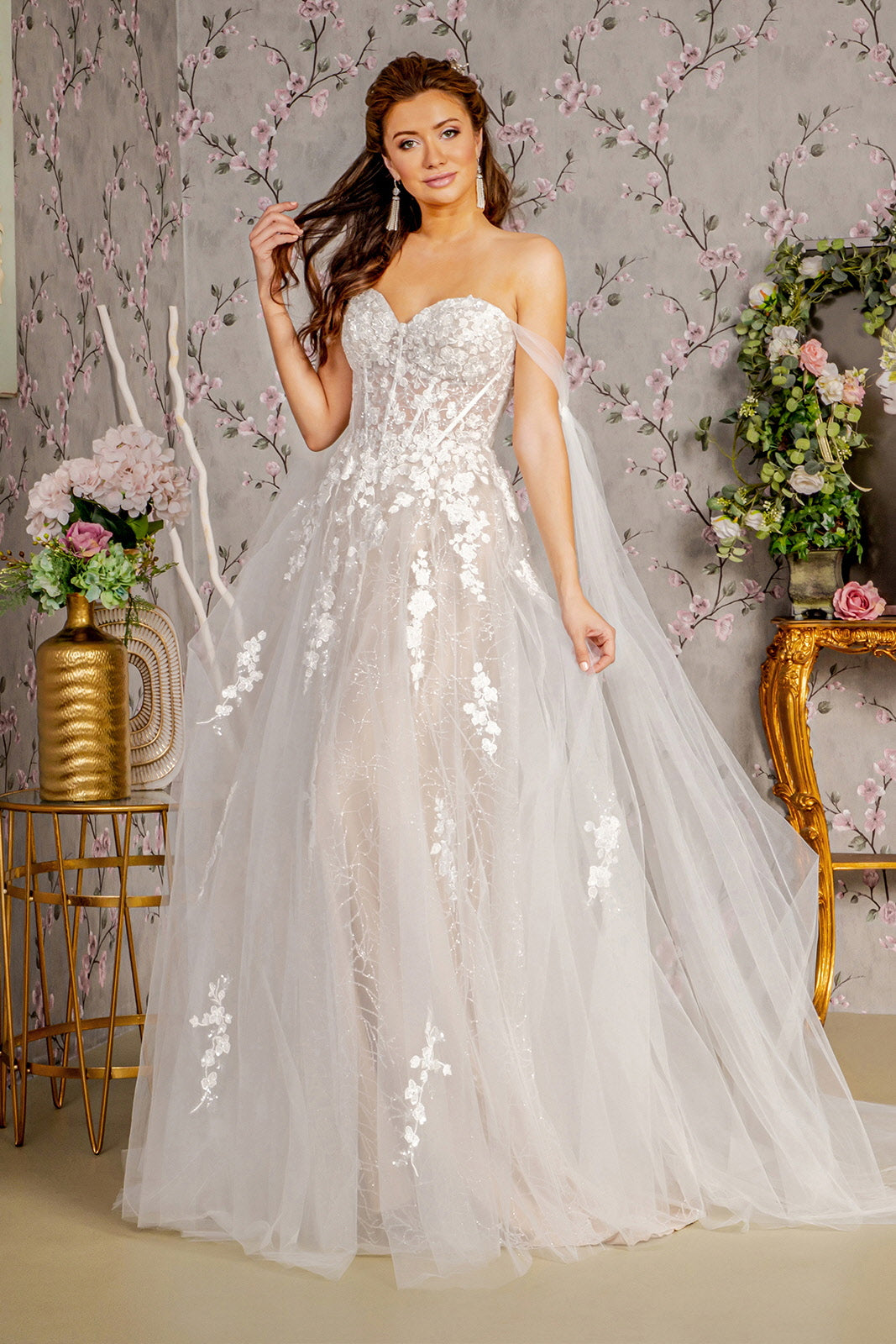 Floral Embroidery Mesh A-line Wedding Gown w/ Long Side Drapes 3XL / Ivory/Champagne