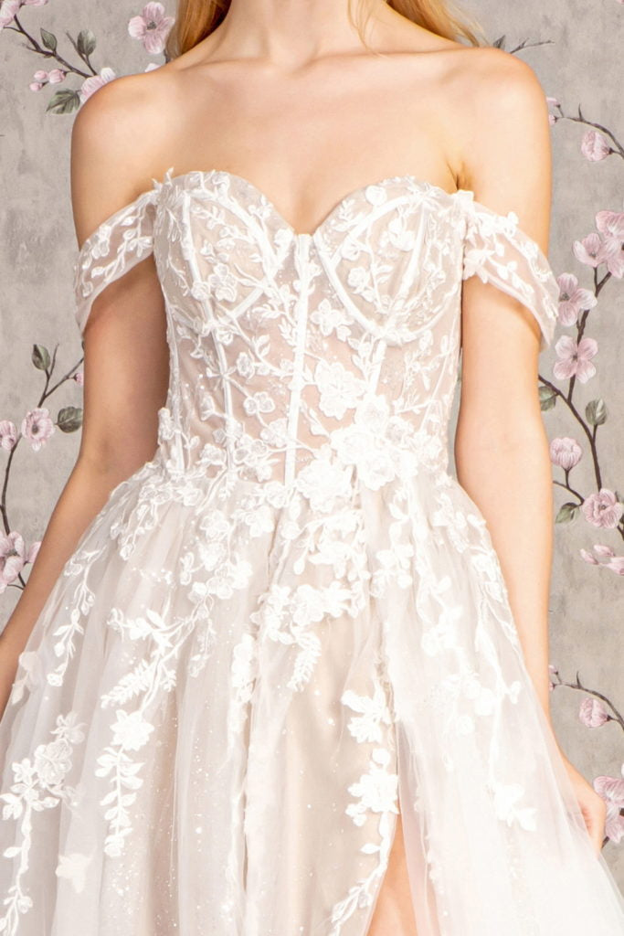 Floral Embroidery Sheer Bodice Off Shoulder Mesh A-line Wedding Gown