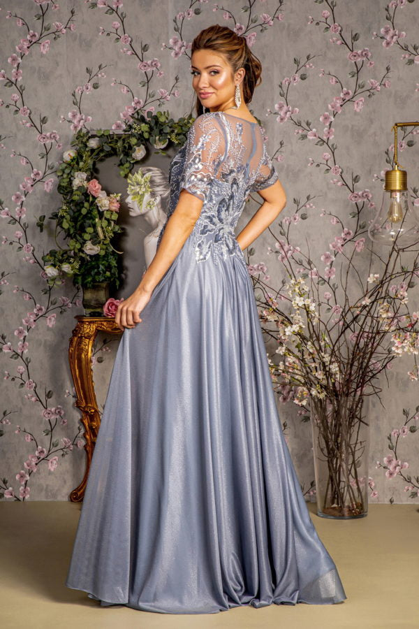 Metallic Embroidery Sheer Neckline Glitter Crepe A-line Long Dress Tux-USA Metallic Embroidery Sheer Neckline Glitter Crepe A-line Long Dress Tux-USA