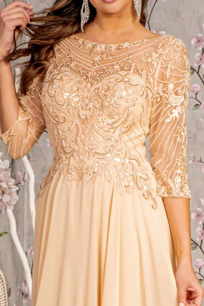 Metallic Sequin Sheer Neckline Chiffon A-line Long Dress L / Champagne Metallic Sequin Sheer Neckline Chiffon A-line Long Dress L / Champagne