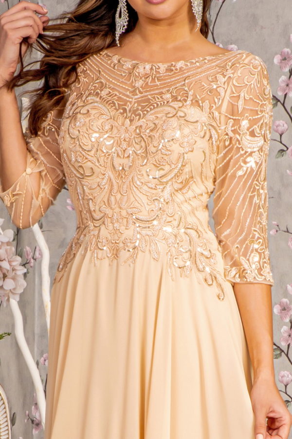 Metallic Sequin Sheer Neckline Chiffon A-line Long Dress