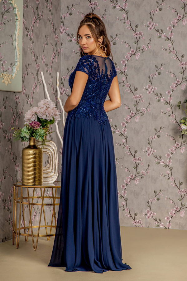 Embroidery Sequin Sheer V-neckline Chiffon A-line Long Dress