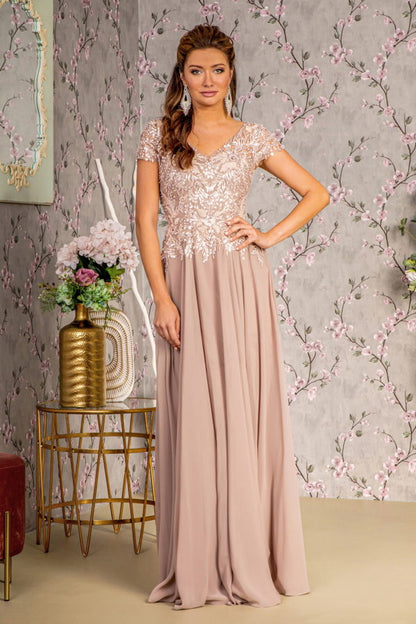 Embroidery Sequin Sheer V-neckline Chiffon A-line Long Dress