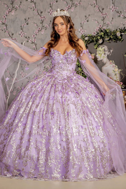 Jewel 3-D Butterfly Mesh Ball Gown w/ Long Sheer Sleeve Drapes