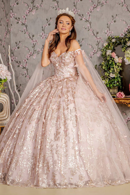 Jewel 3-D Butterfly Mesh Ball Gown w/ Long Sheer Sleeve Drapes