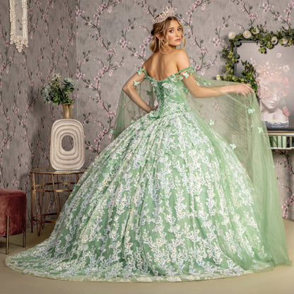Jewel 3-D Butterfly Mesh Ball Gown w/ Long Sheer Sleeve Drapes
