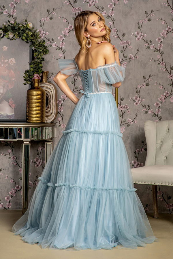 Sequin Bead Sheer Bodice Off Shoulder Mesh A-line Long Dress