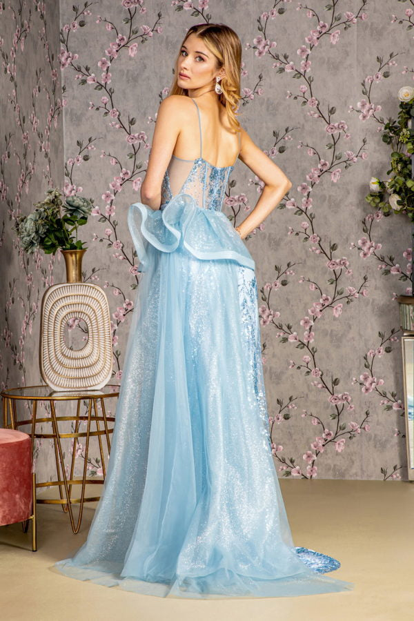 Glitter Mesh Mermaid Long Dress w/ Detachable Side Waist Drape