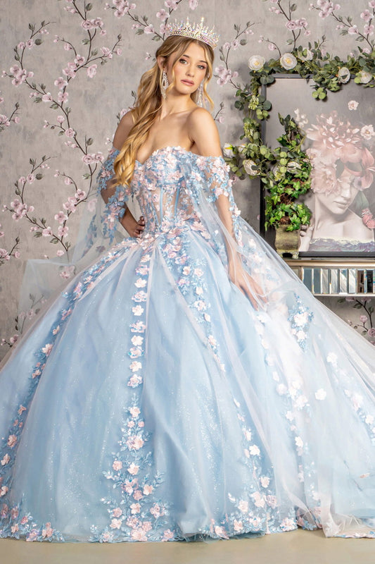 3-D Flower Sheer Bodice Mesh Ball Gown w/ Side Mesh Long Drapes